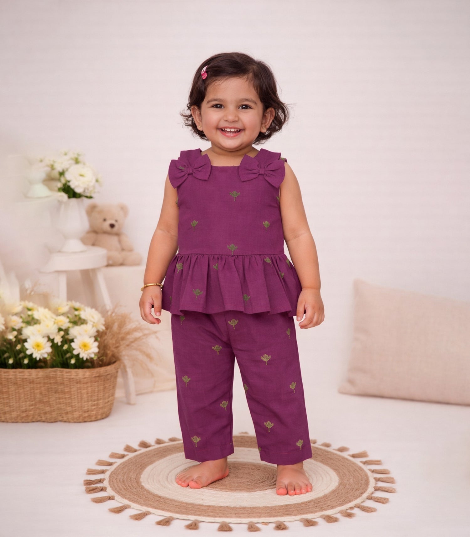 Girls purple sleeveless co-ord set with pants by Boon Babies, featuring a stylish matching top and pants for casual wear.