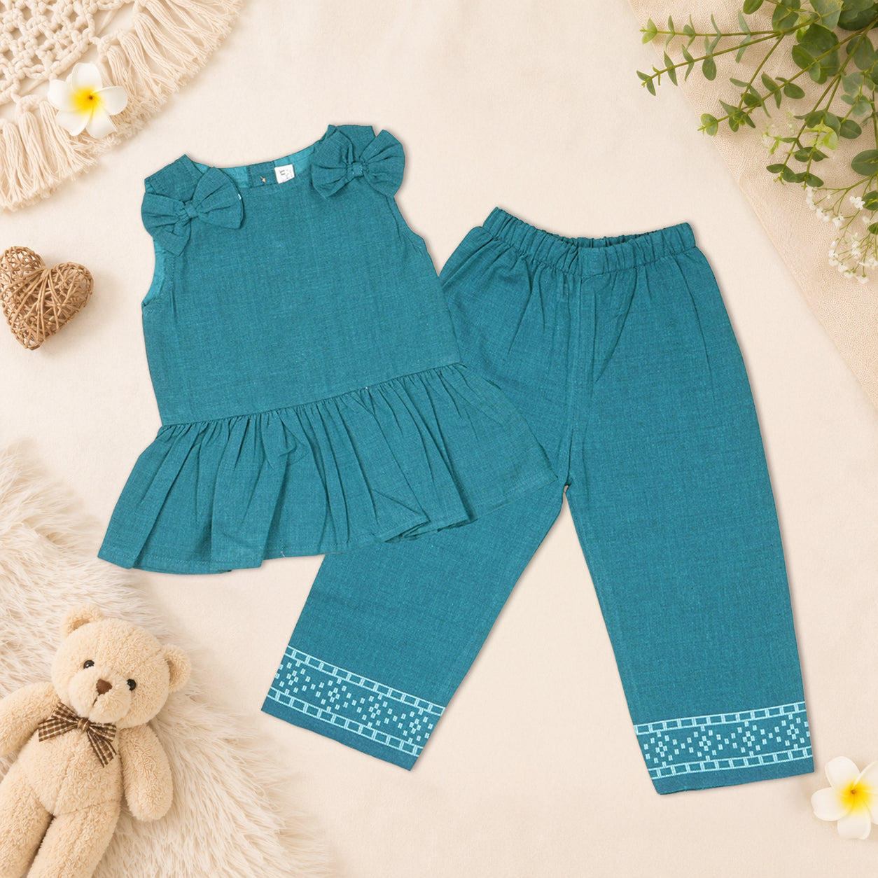 Peacock Blue Handloom Cotton Girls Peplum Top & Pant Set (1–6 Years)