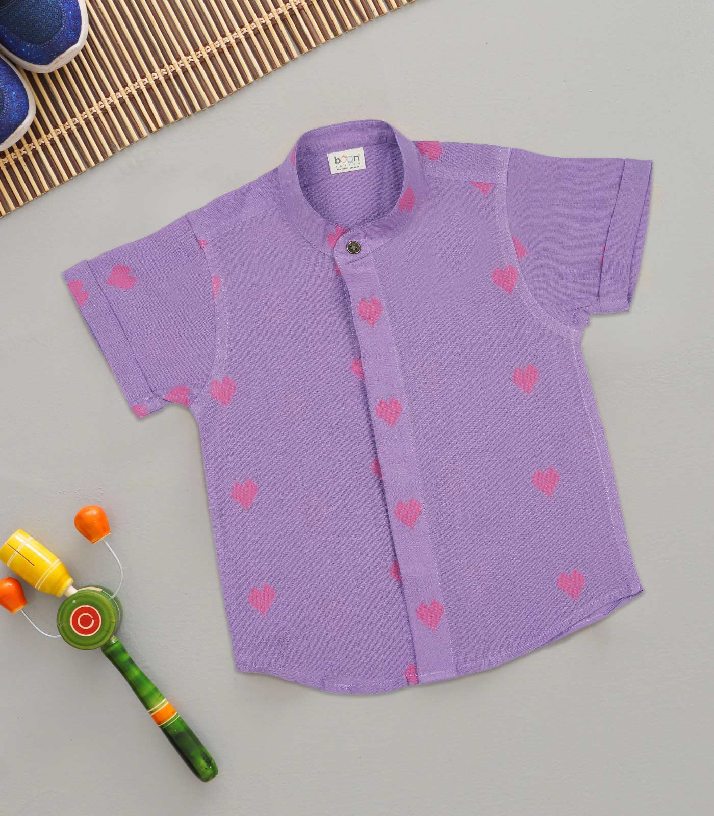 Mandarin Collar Casual Shirt – Purple Heart Print