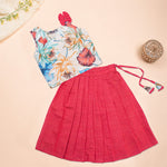 Girls pink floral ethnic top and pleated skirt set by Boon Babies, featuring colorful floral patterns and lightweight fabric.
