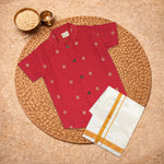 Elegant red raw silk ethnic shirt and matching dhoti for festive wear by Boon Babies, featuring traditional craftsmanship.