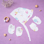 Boonbabies printed muslin baby knot cap, mittens, and booties set for 6-24 months, soft newborn accessories combo.