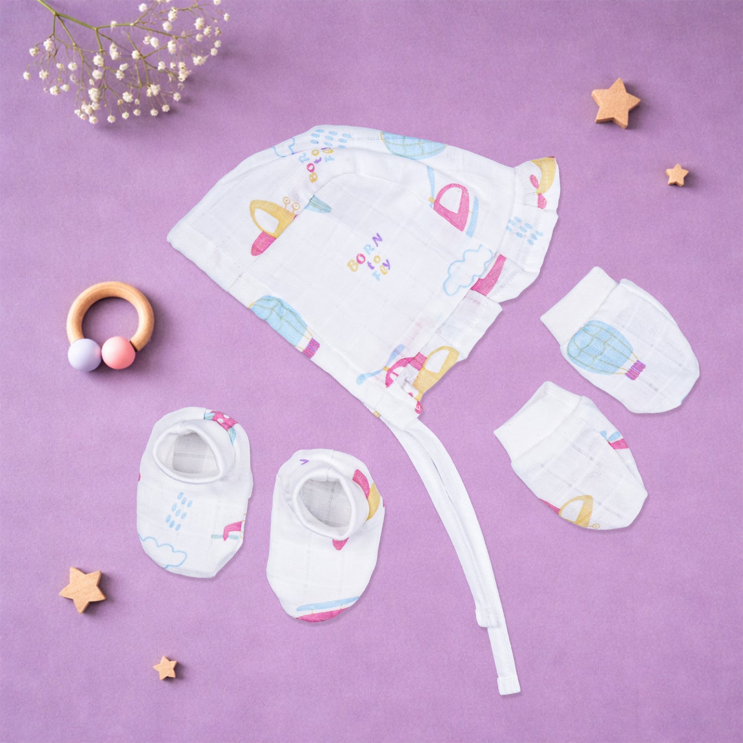 Boonbabies printed muslin baby knot cap, mittens, and booties set for 6-24 months, soft newborn accessories combo.