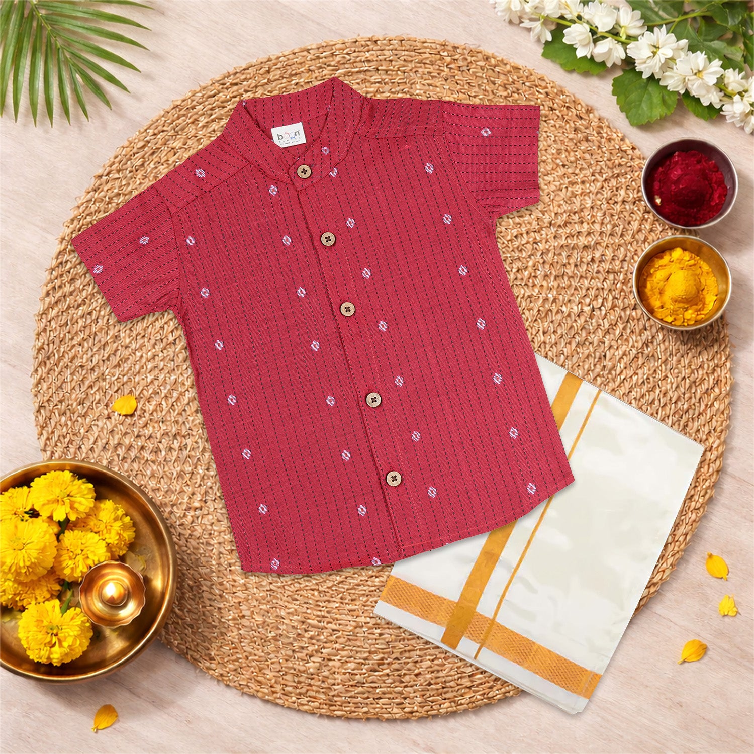 Classic red silk cotton shirt paired with traditional dhoti—ideal for festive and traditional occasions.