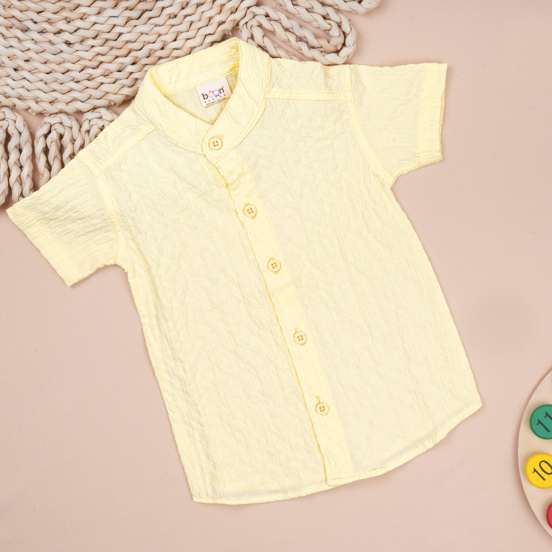 Lightweight solid popcorn shirt for boys by Boon Babies, casual polycotton kids' shirt in sizes 6 months to 5 years.