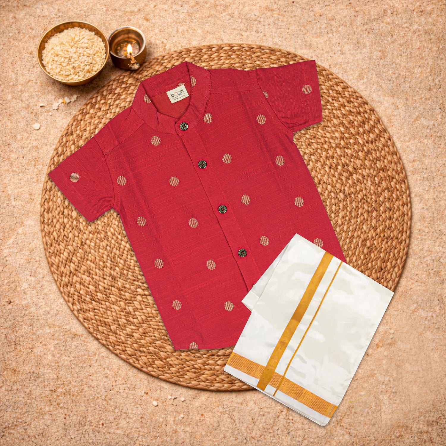 Premium raw silk festive wear shirt and dhoti set in classic red, ethnic traditional attire by Boon Babies.