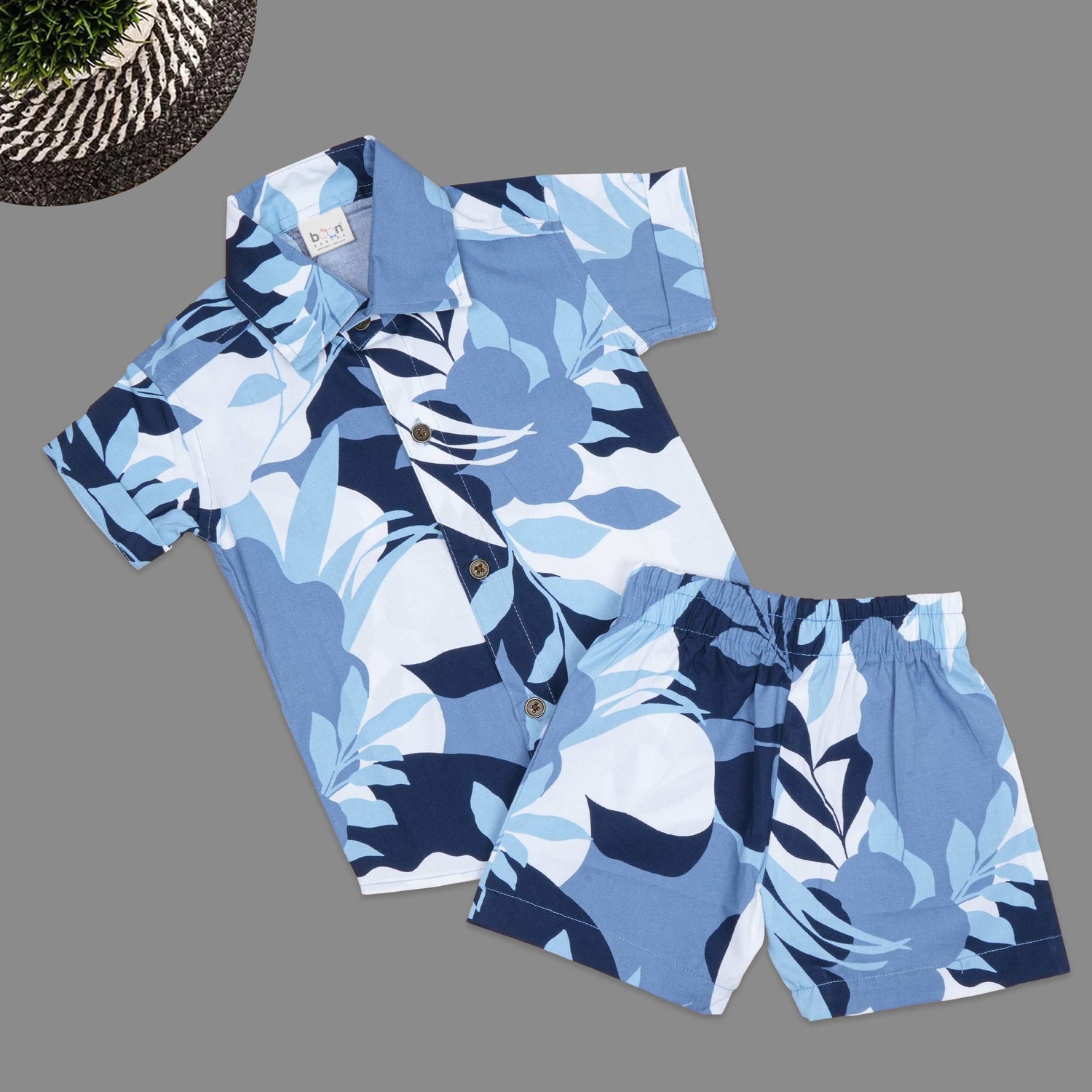 Soft cotton boys co-ord set with floral print, straight collar shirt and comfy shorts—perfect for casual style look and outdoor wear.