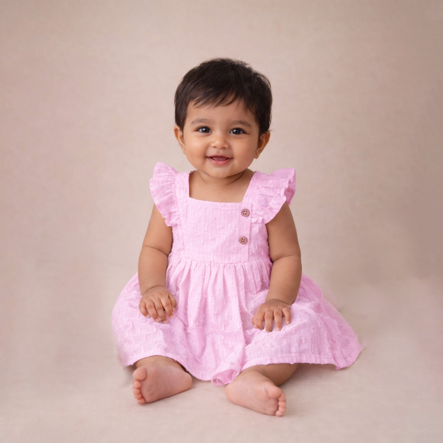 Boonbabies girls solid frill cotton frock for babies and toddlers, soft twill fabric, casual baby girl dress with ruffle details.