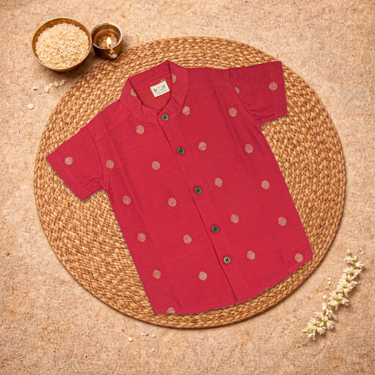 Red premium raw silk ethnic shirt and matching dhoti set for festive wear, by Boon Babies.