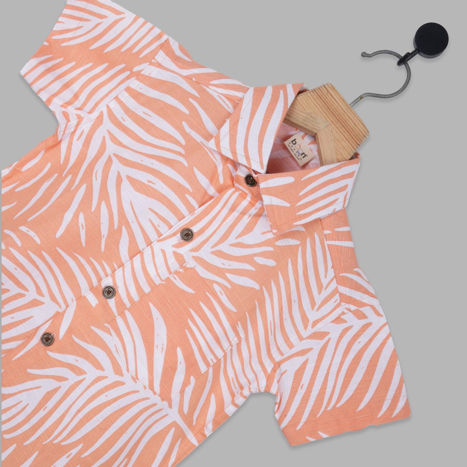 Boys Straight Collar Cotton Shirt – Peach Leaf Print Casual Style