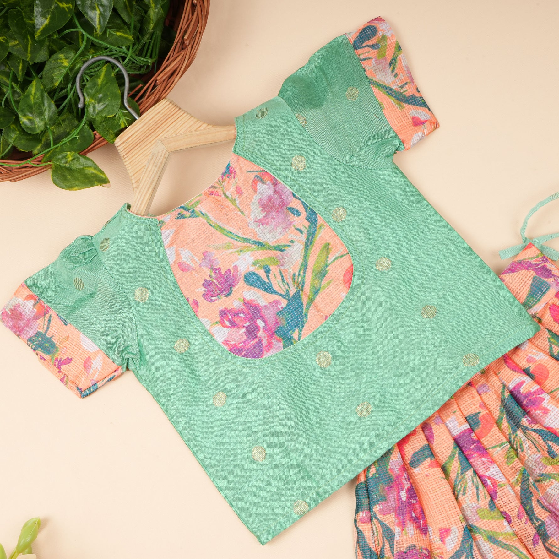 Mint floral ethnic skirt set for girls featuring a traditional top and matching skirt by Boon Babies.