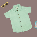 Boys mint green cotton shirt and shorts set with straight collar and printed design, by Boon Babies.