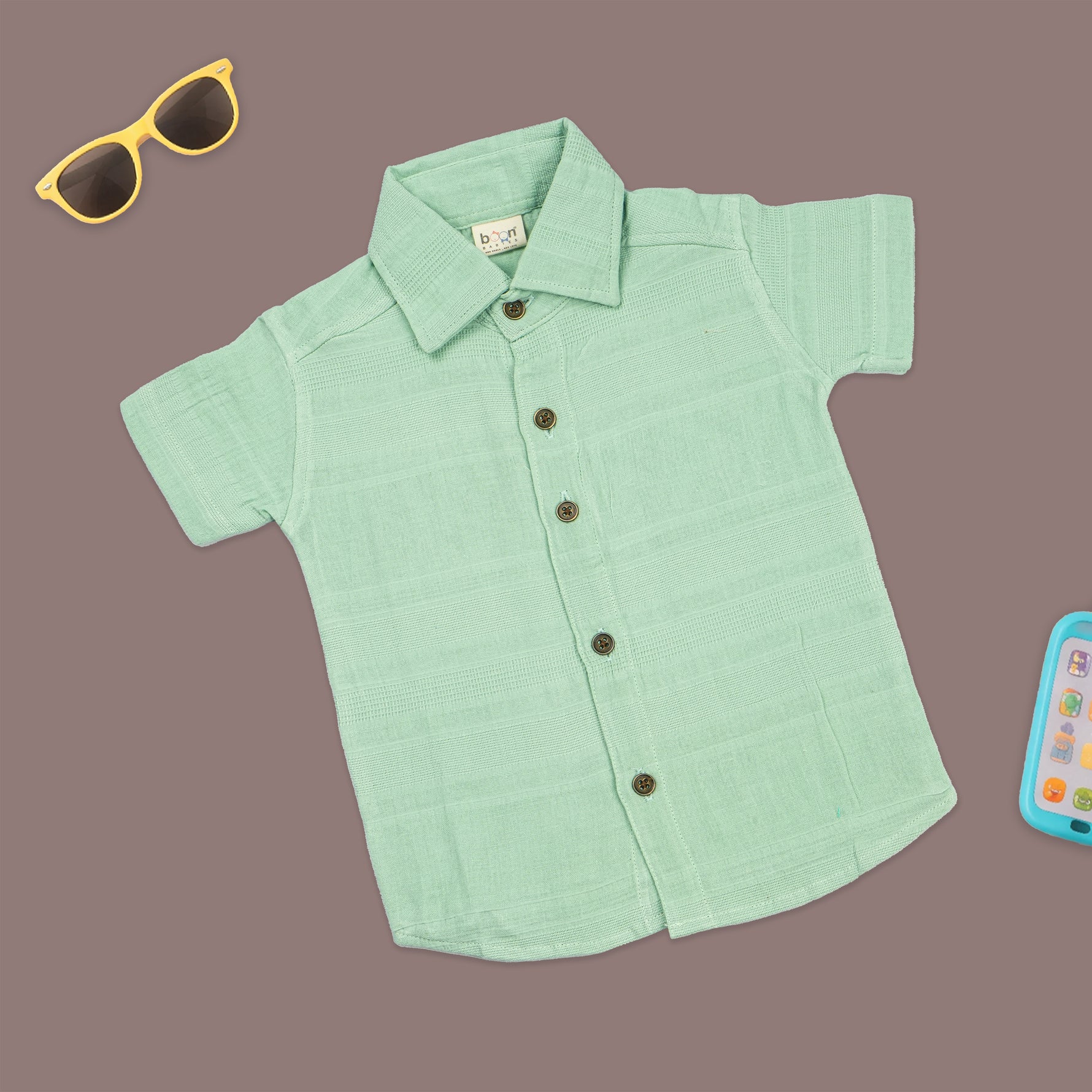 Boys mint green cotton shirt and shorts set with straight collar and printed design, by Boon Babies.