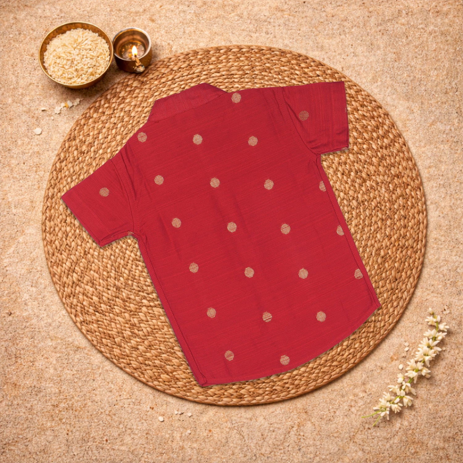 Premium raw silk festive ethnic shirt and matching dhoti in classic red, handmade by Boon Babies for special occasions.