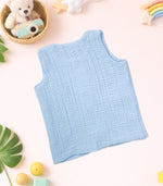 Sky blue 4-layer crinkled muslin jabla with wooden buttons — soft, airy & perfect for newborns and toddlers (NB–6M).