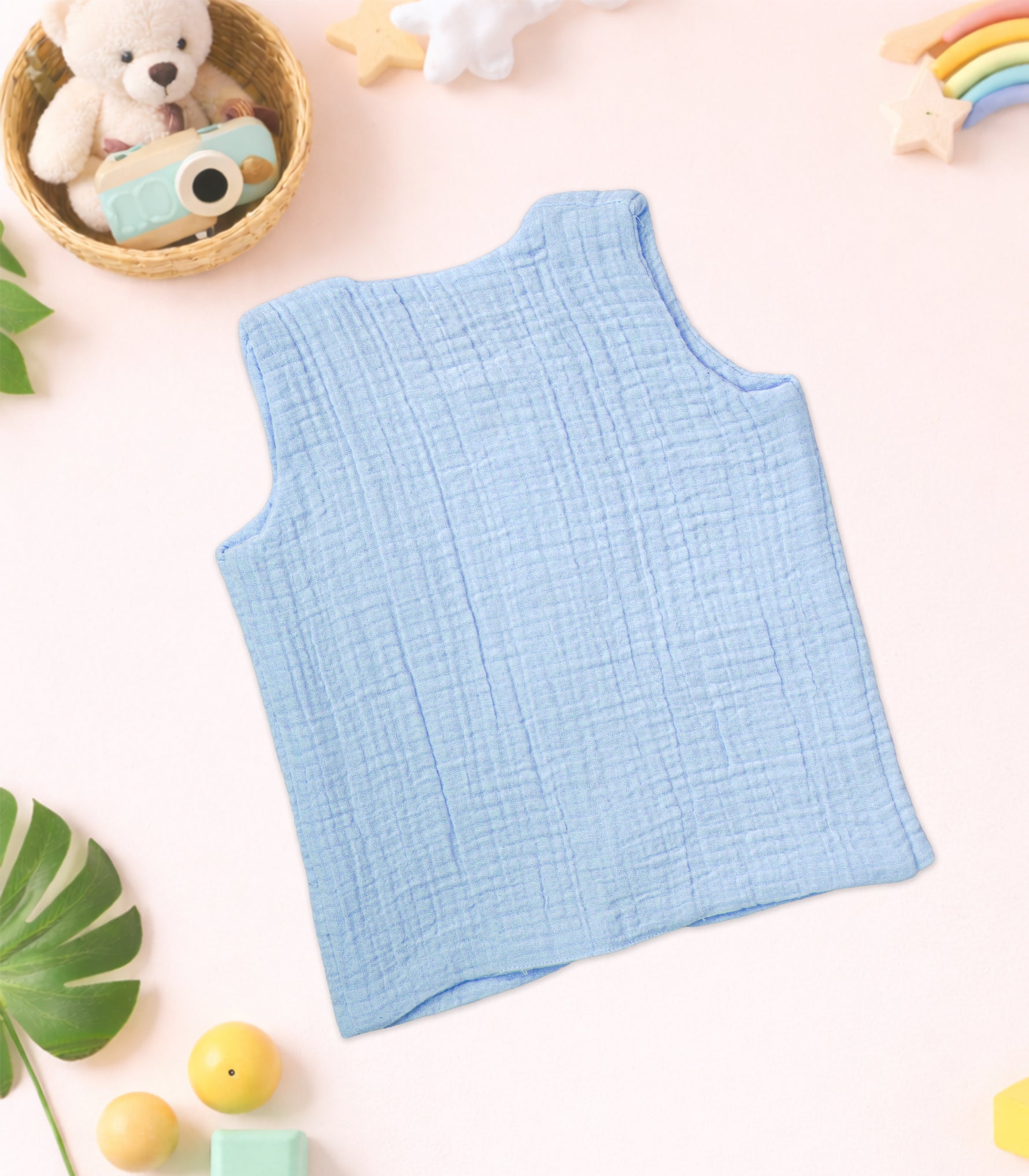 Sky blue 4-layer crinkled muslin jabla with wooden buttons — soft, airy & perfect for newborns and toddlers (NB–6M).