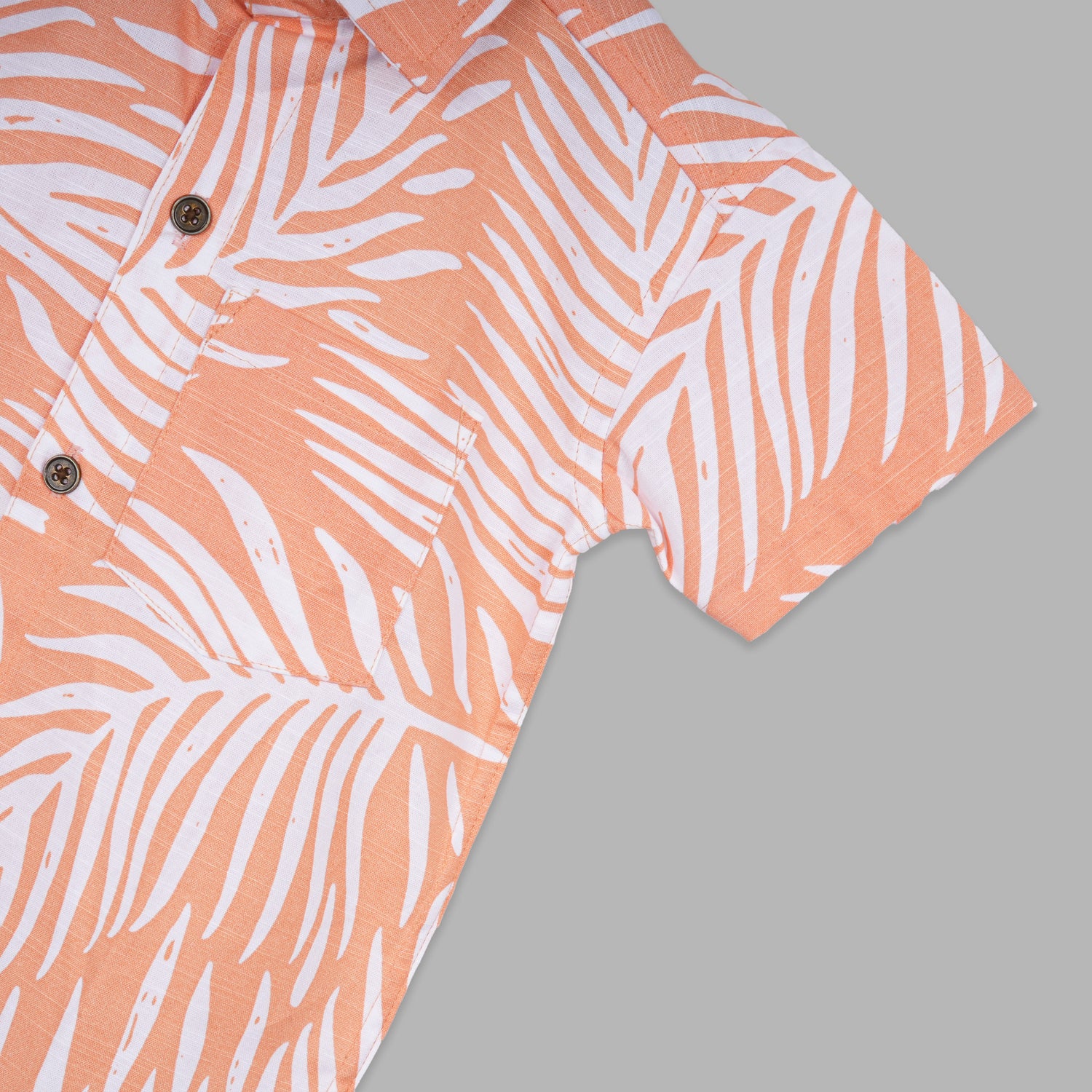 Boys Straight Collar Cotton Shirt – Peach Leaf Print Casual Style