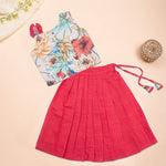 Girls floral pink ethnic top and pleated skirt set by Boon Babies, featuring vibrant floral patterns and comfortable fabrics.