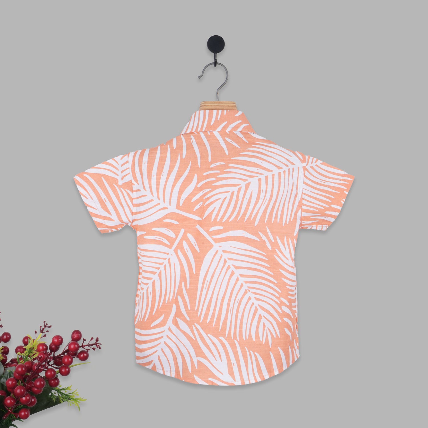 Boys Straight Collar Cotton Shirt – Peach Leaf Print Casual Style