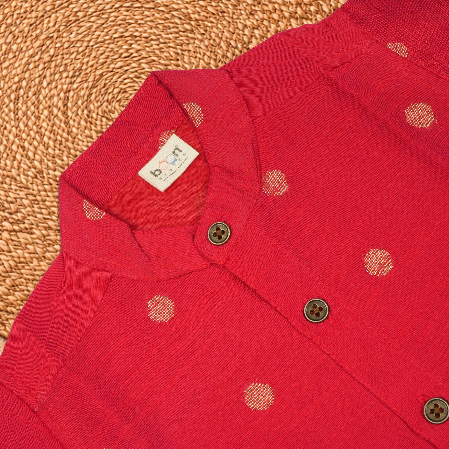 Premium red raw silk ethnic shirt and dhoti set for festive wear by Boon Babies, featuring traditional design and rich fabric.