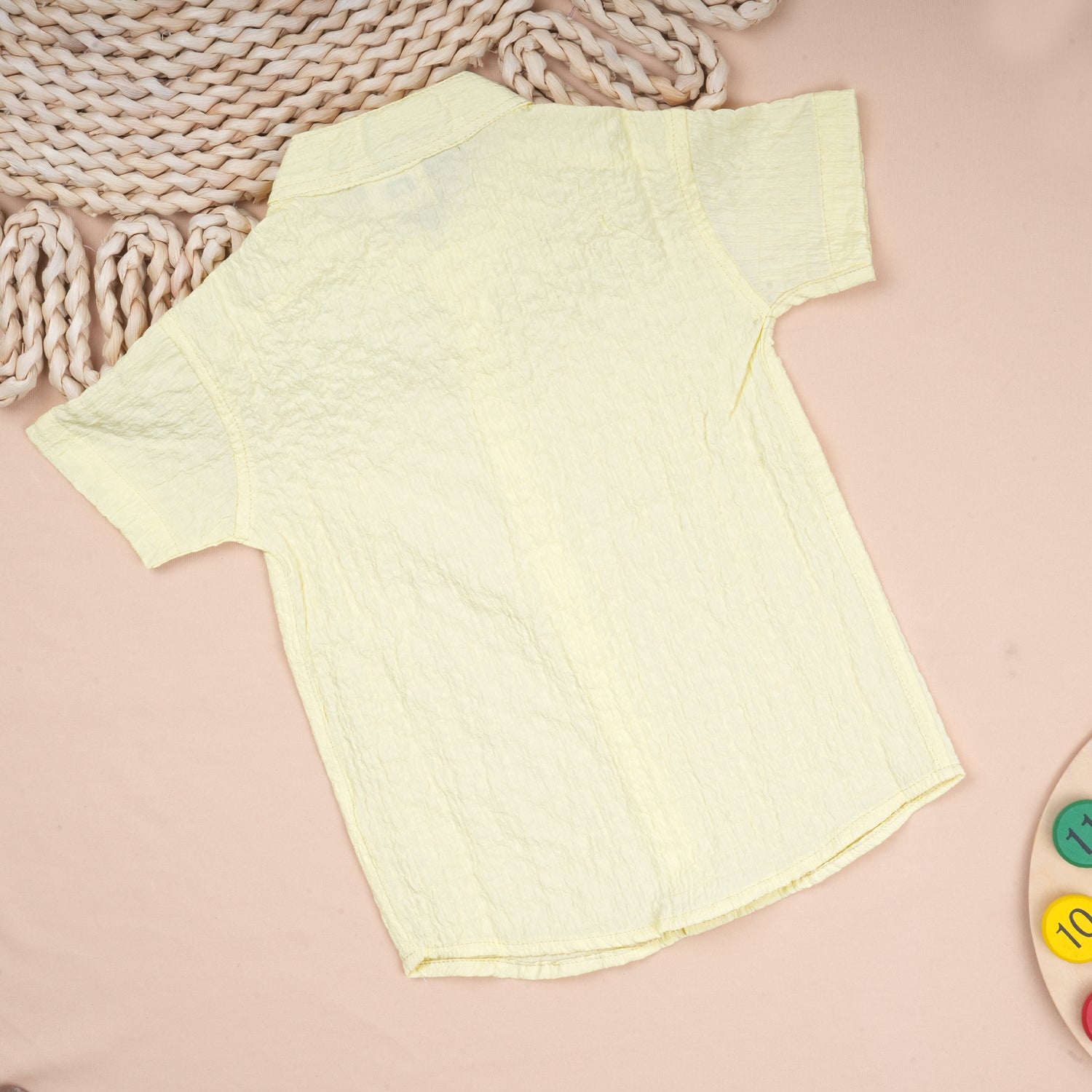 Lightweight solid popcorn shirt for boys by Boon Babies, casual polycotton short-sleeve shirt for kids aged 6 months to 5 years.