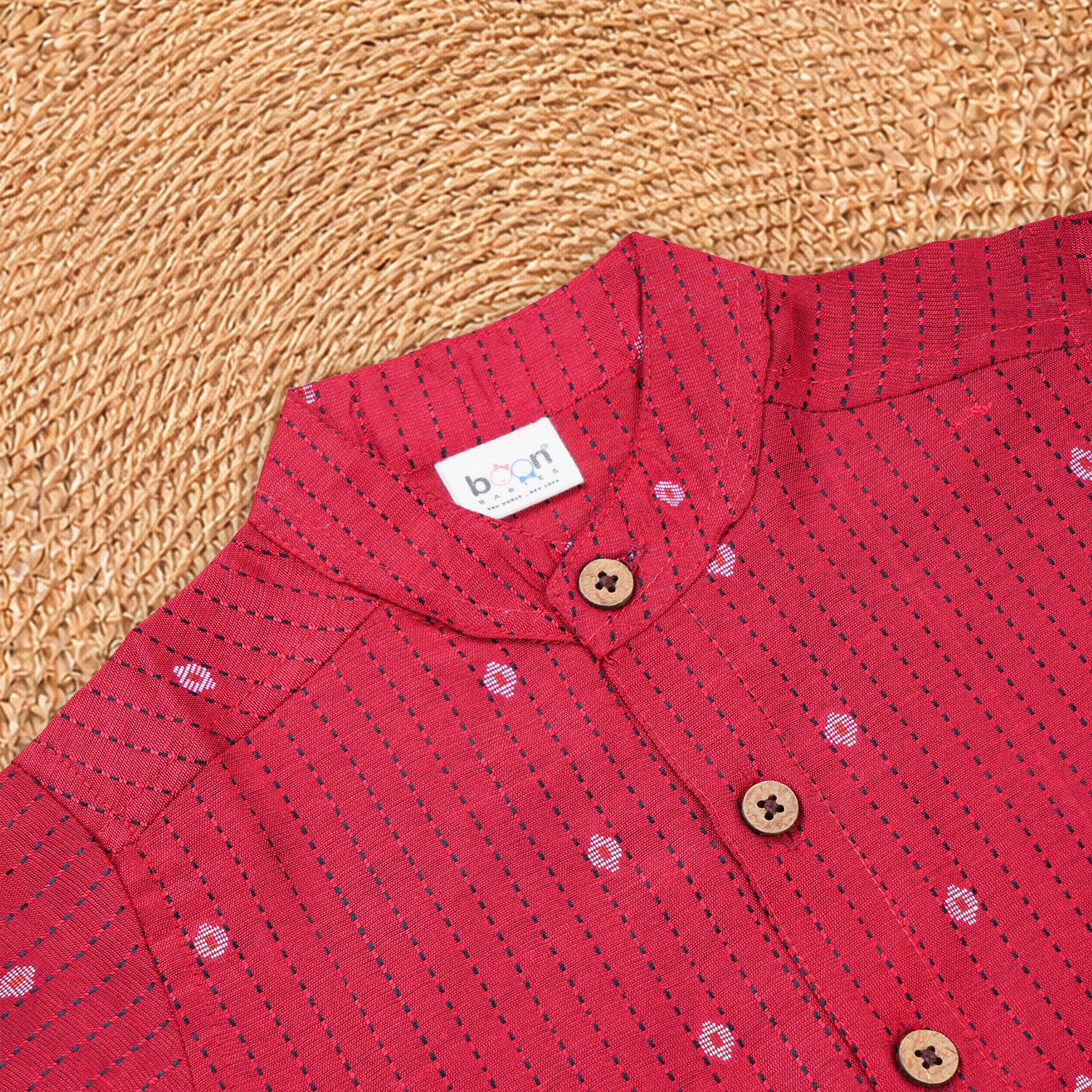 Classic red silk cotton shirt paired with traditional dhoti—ideal for festive and traditional occasions.