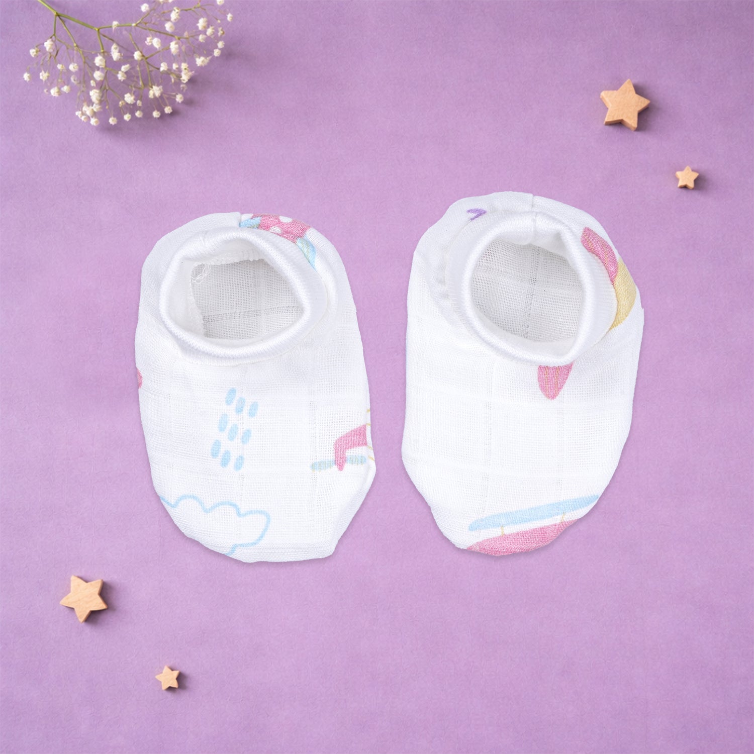 Boonbabies printed muslin baby knot cap, mittens, and booties set for 6-24 months, soft newborn accessories combo.