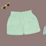 Boys mint green cotton printed shirt and shorts set with straight collar by Boon Babies, shown on a child.