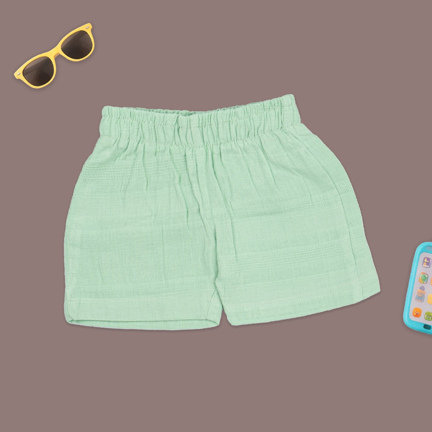 Boys mint green cotton printed shirt and shorts set with straight collar by Boon Babies, shown on a child.