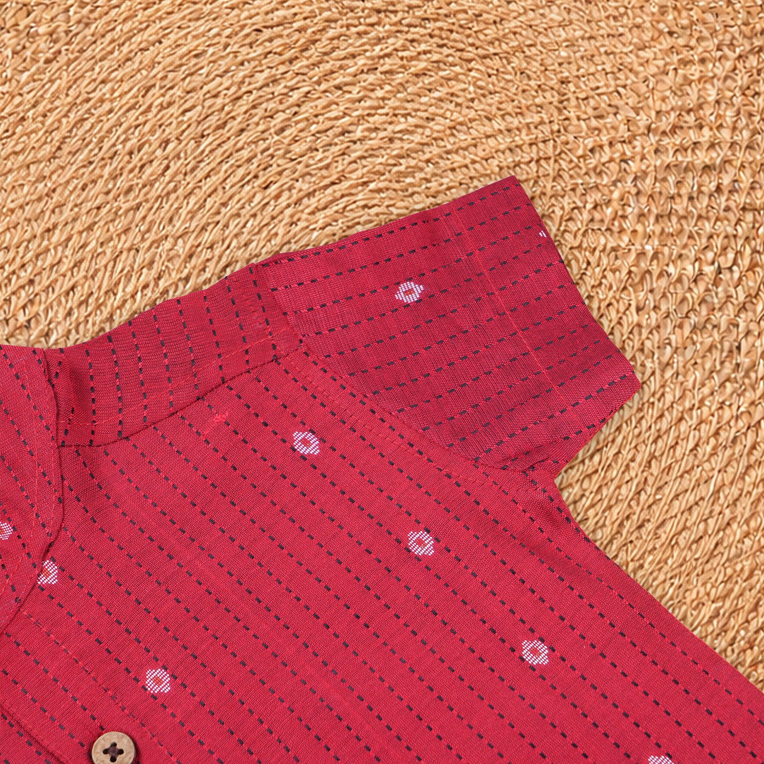 Classic red silk cotton shirt paired with traditional dhoti—ideal for festive and traditional occasions.