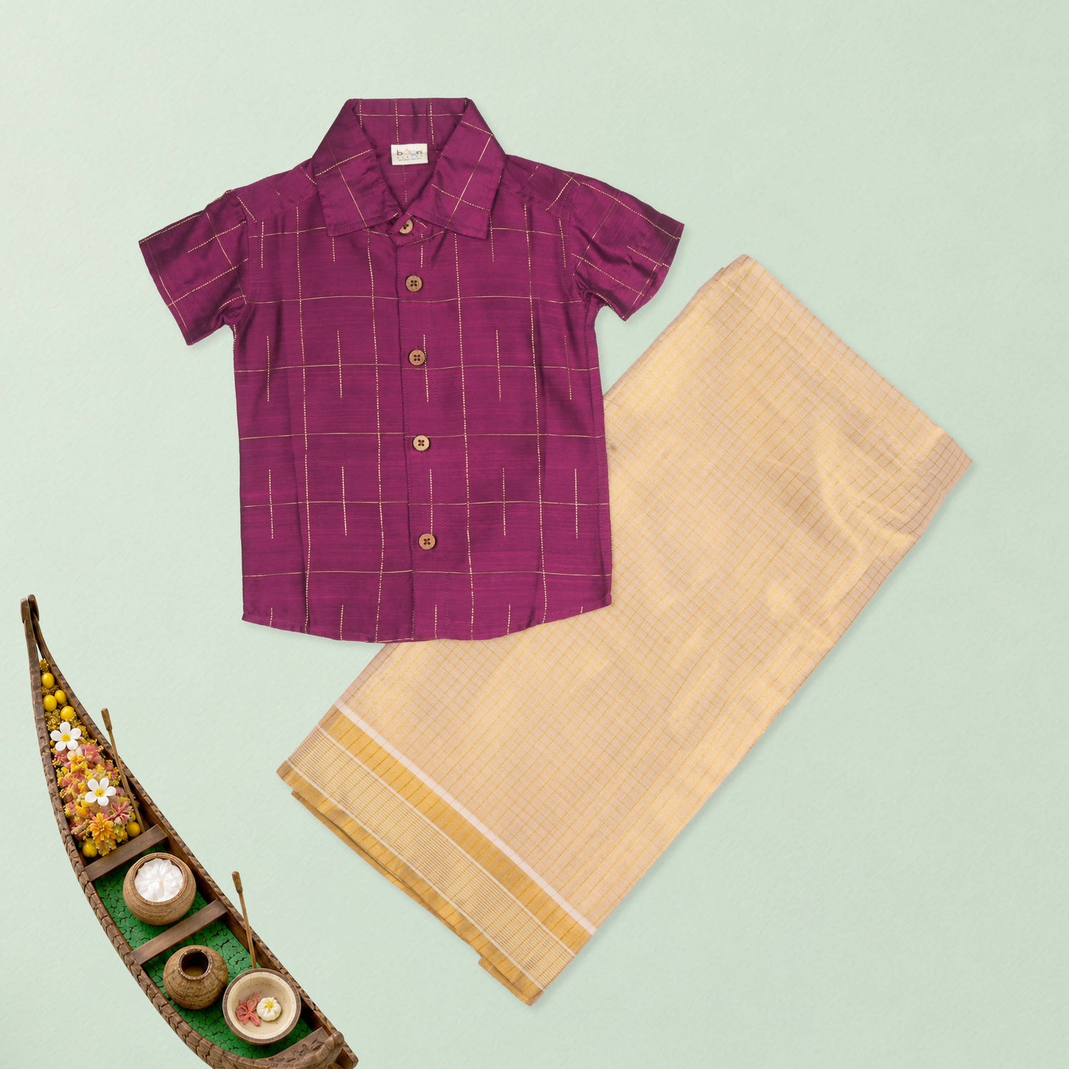 Boys Deep Magenta Silk Drop Line Checked Shirt & Dhoti Ethnic Set
