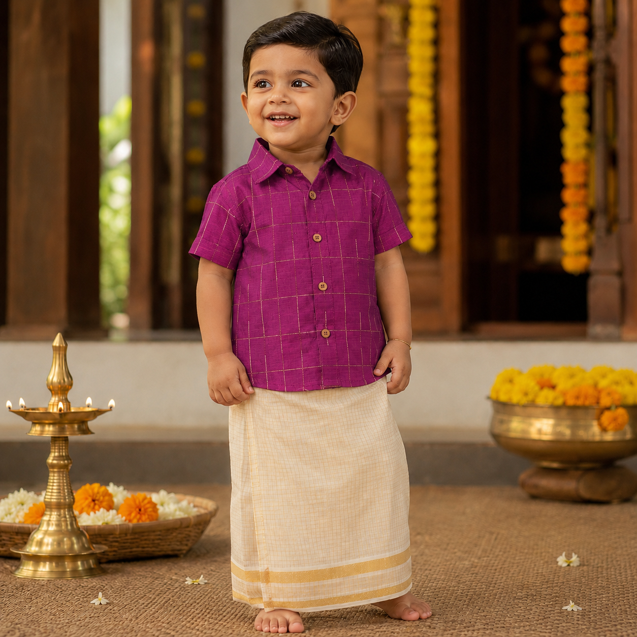 Boys Deep Magenta Silk Drop Line Checked Shirt & Dhoti Ethnic Set