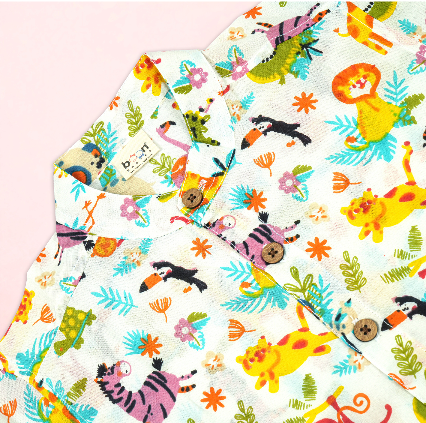 Boone Babies Jungle Pop boys co-ord set with printed shirt and shorts featuring a Chinese collar, suitable for kids' casual wear