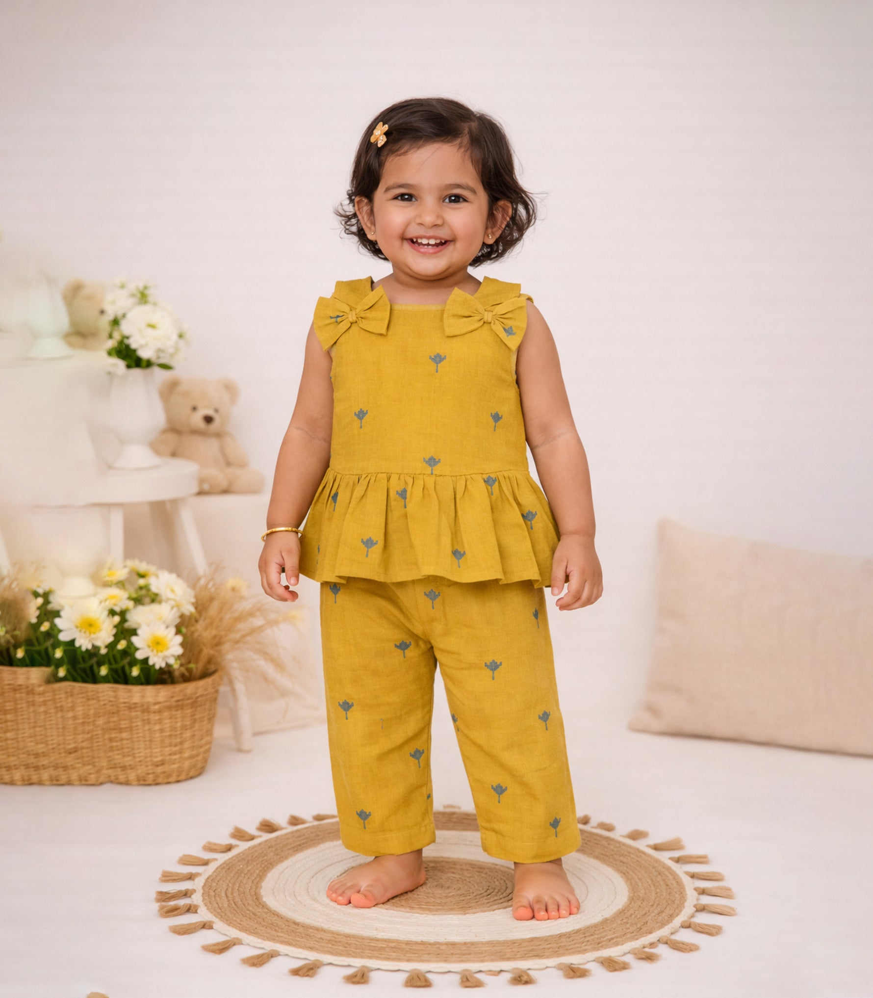 Girls mustard yellow sleeveless co-ord set with matching pants, stylish and comfortable outfit by Boon Babies.