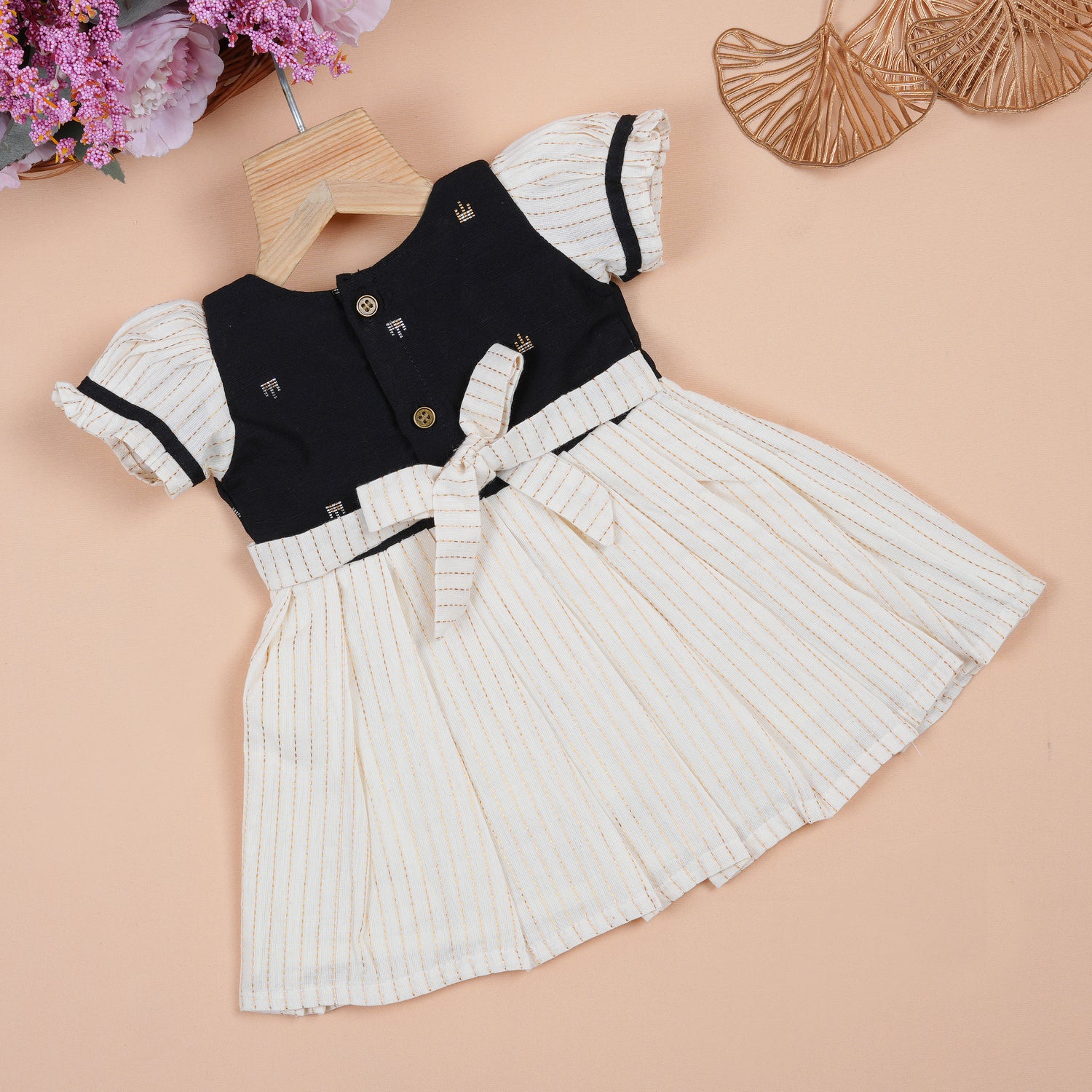 Black & Cream Silk Puff Paa Neck Frock with Golden Zari Stripes