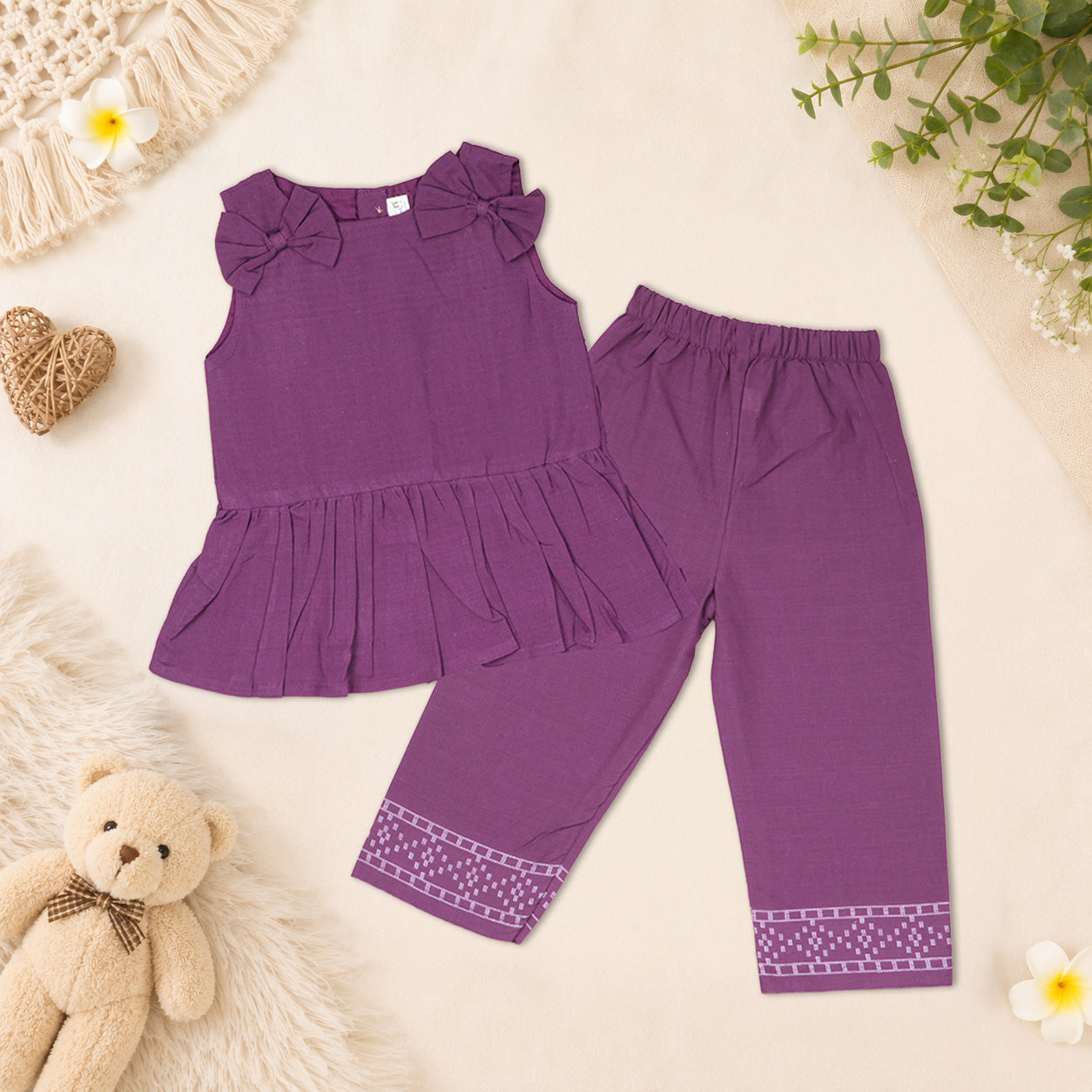 Purple Handloom Cotton Girls Peplum Top & Pant Set (1–6 Years)