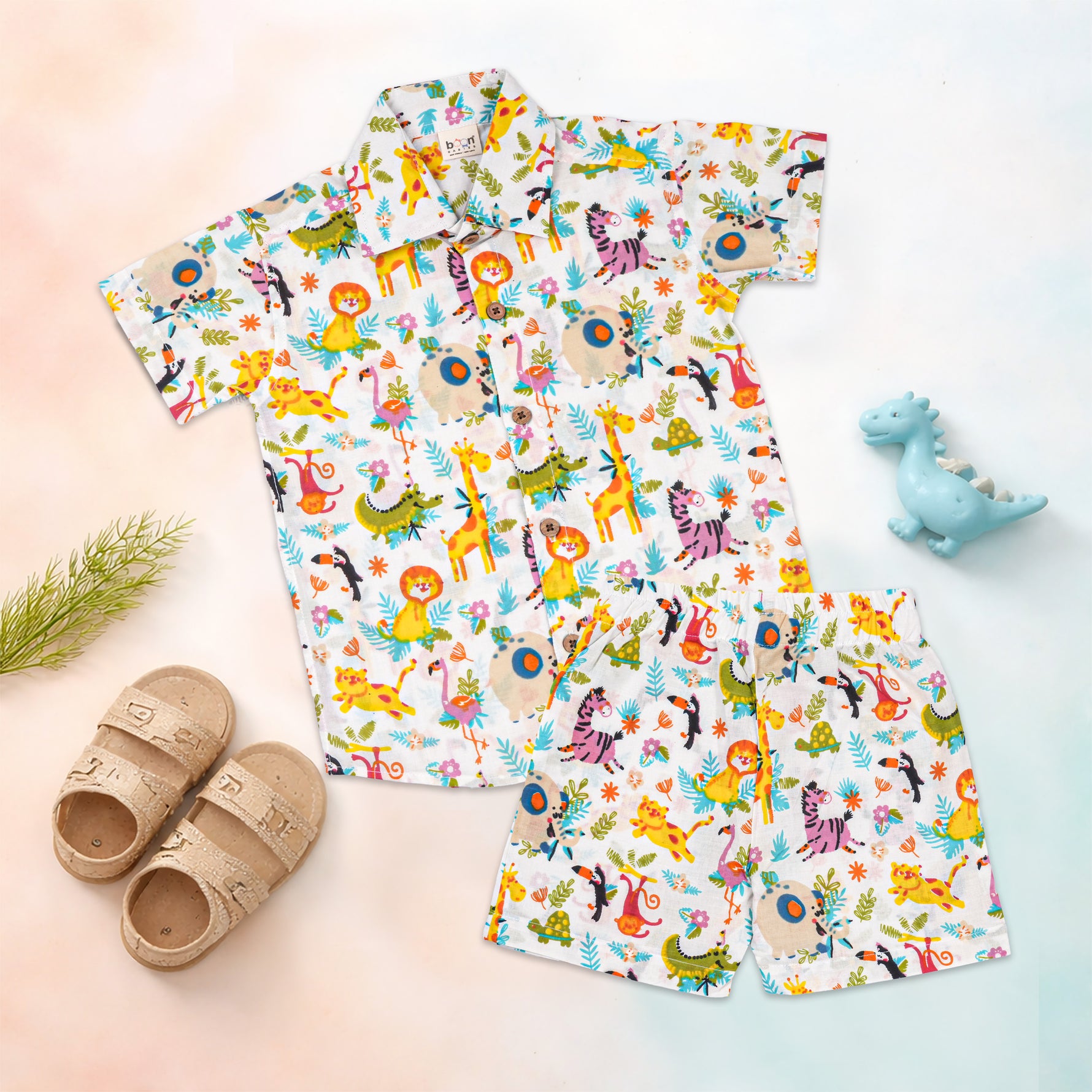 Boon Babies Jaipur Cotton animal print shirt and shorts set for summer, featuring a straight collar and vibrant multi-animal pattern.