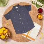 Elegant grey silk cotton shirt paired with traditional dhoti—perfect for festive and traditional occasions.