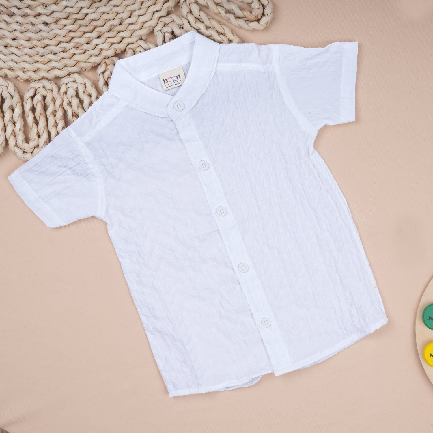 Lightweight solid popcorn shirt for boys from Boon Babies, casual polycotton shirt for kids aged 6 months to 5 years.