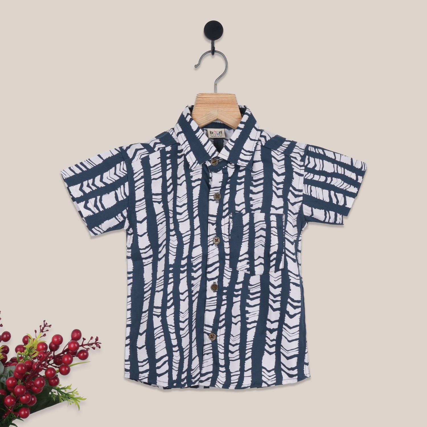 Boys Straight Collar Cotton Shirt – Navy Abstract Print Casual Wear