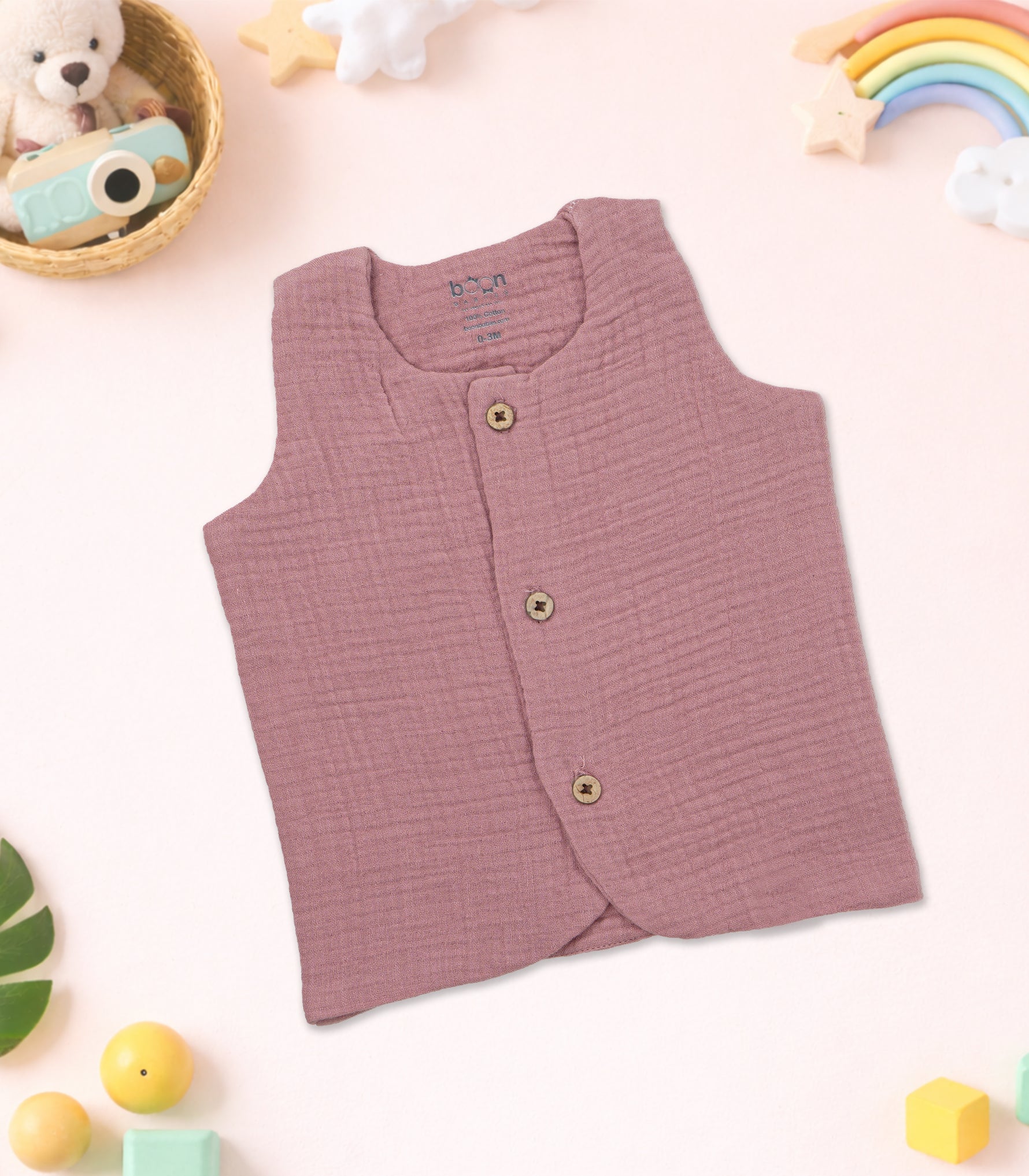 Dusty rose pink 4-layer crinkled muslin jabla with wooden buttons — super soft, airy daily wear for NB–6M.