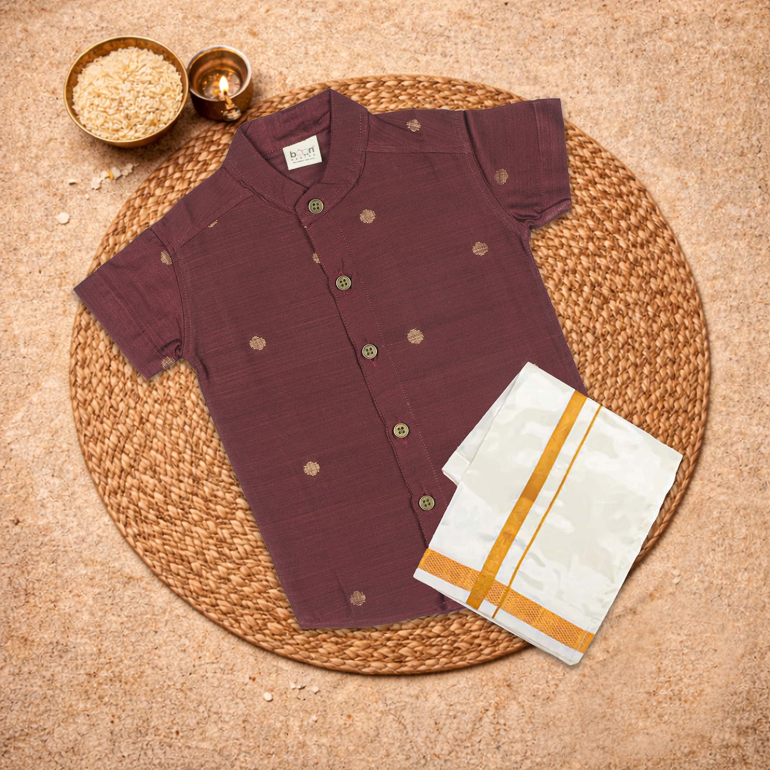 Yellow raw silk festive ethnic shirt and dhoti set for boys by Boon Babies, featuring a traditional solid yellow design.