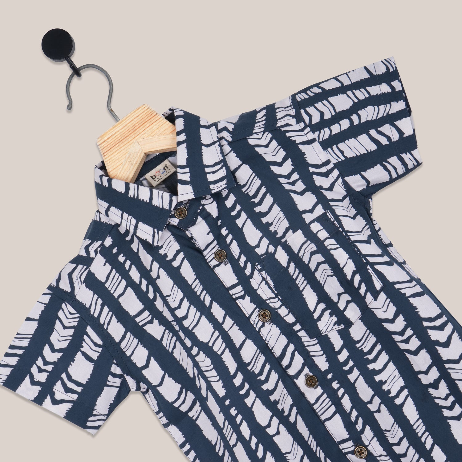 Boys Straight Collar Cotton Shirt – Navy Abstract Print Casual Wear