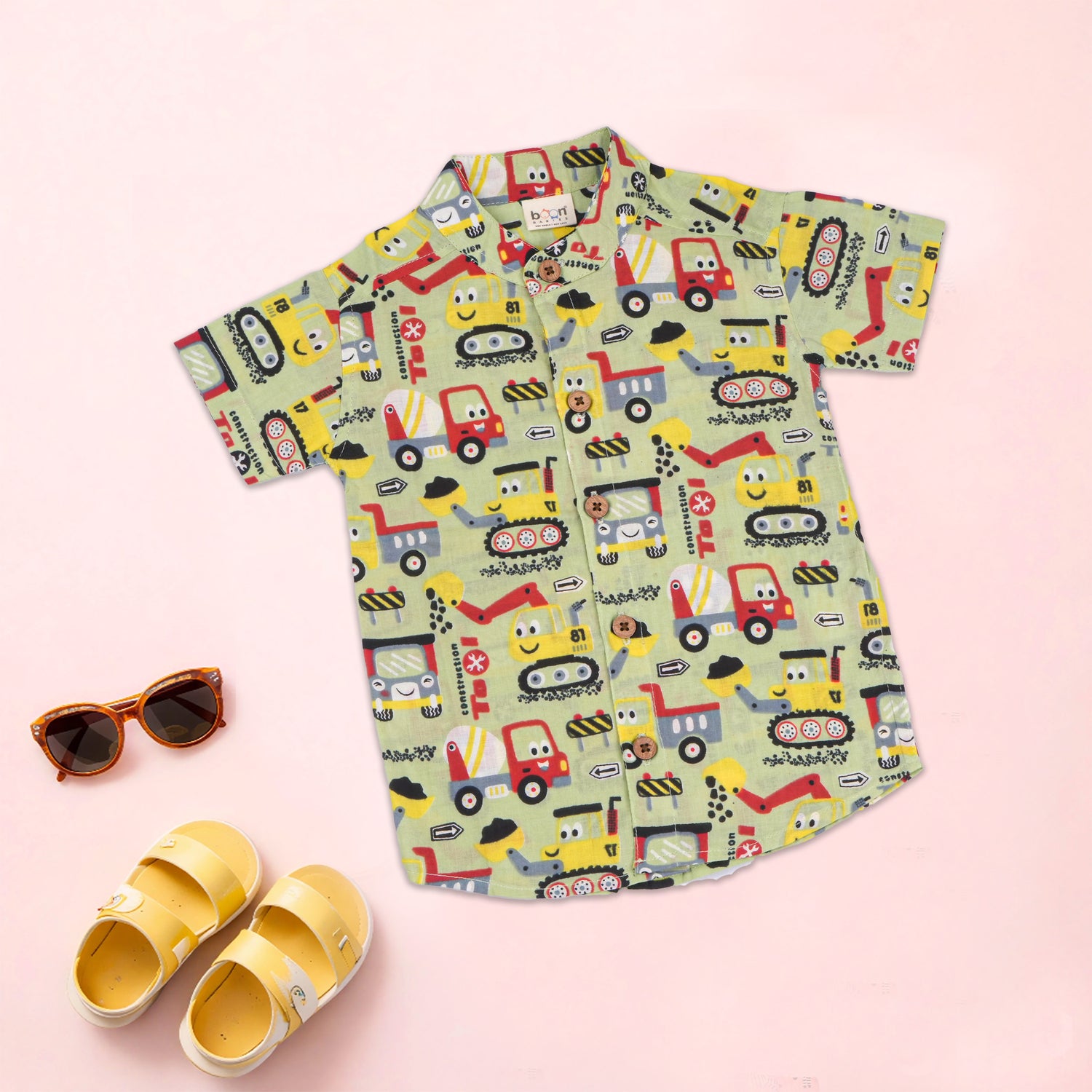 Boon Babies boys co-ord set with olive truck print, includes printed shirt with Chinese collar and matching shorts.
