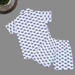 Soft cotton boys co-ord set with blue floral print, straight collar shirt and comfy shorts—perfect for casual style look and outdoor wear.