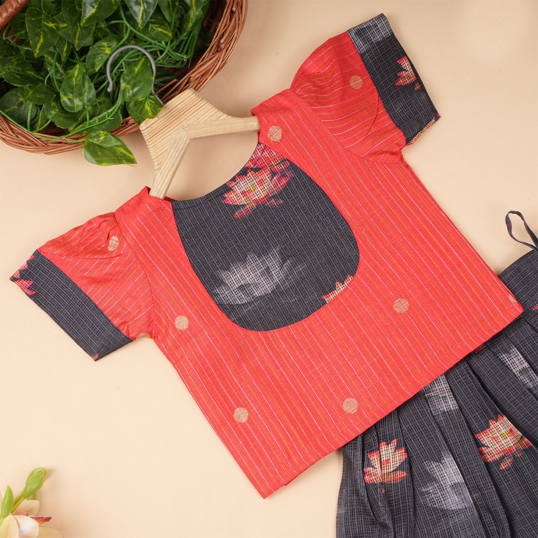 Red and black lotus ethnic skirt set for girls, featuring a traditional top and skirt from Boon Babies.