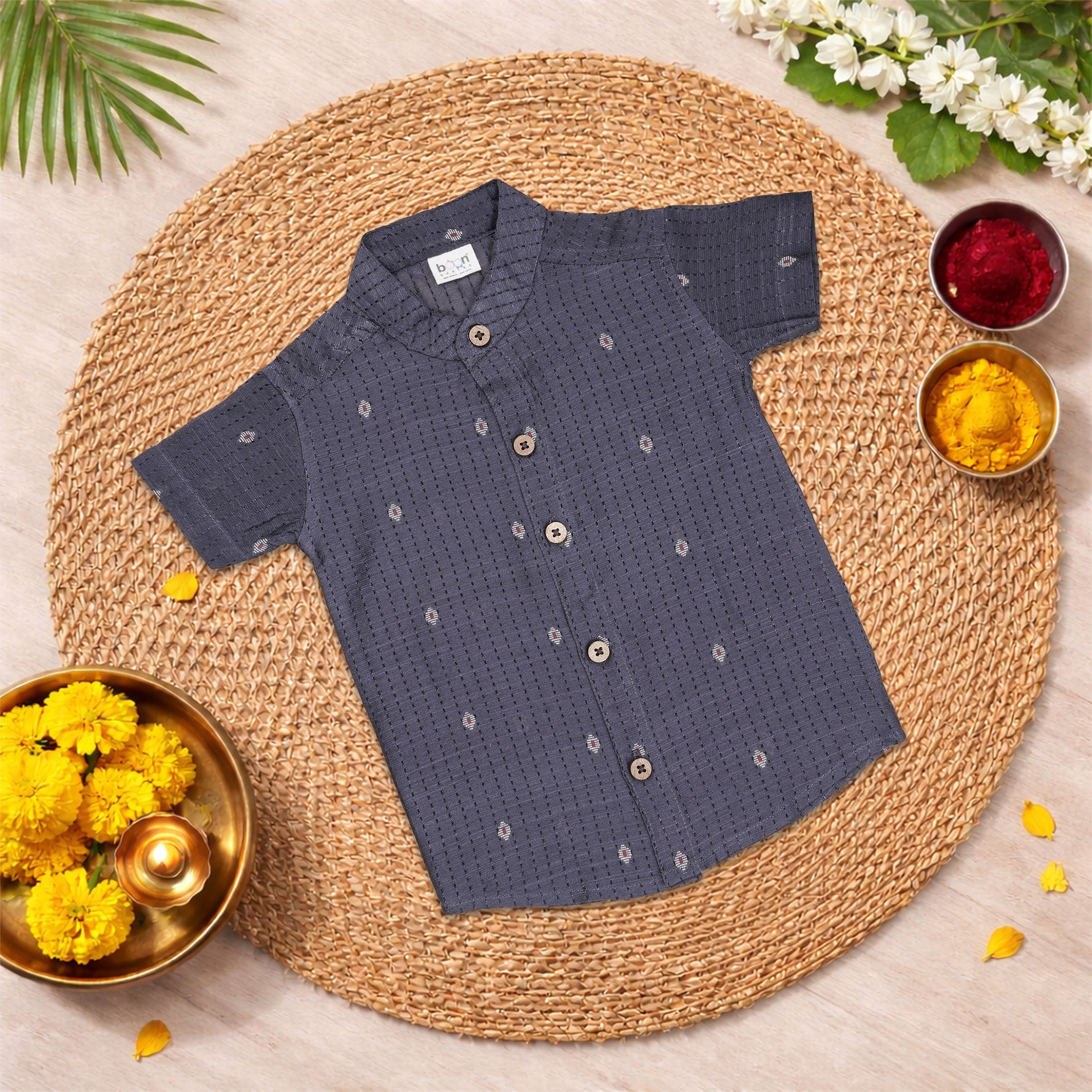 Elegant grey silk cotton shirt paired with traditional dhoti—perfect for festive and traditional occasions.