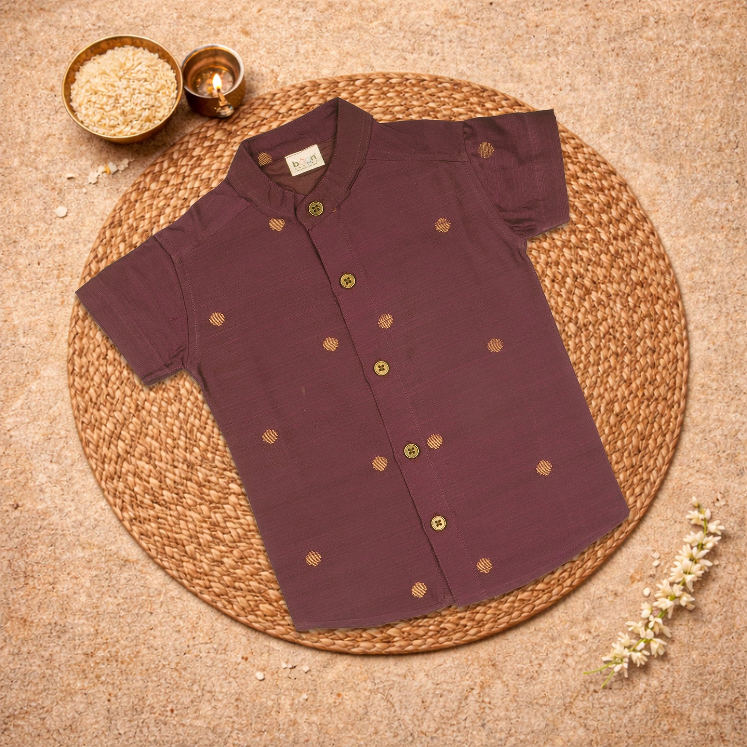 Yellow raw silk festive wear shirt and dhoti set for men, traditional ethnic attire by Boon Babies.