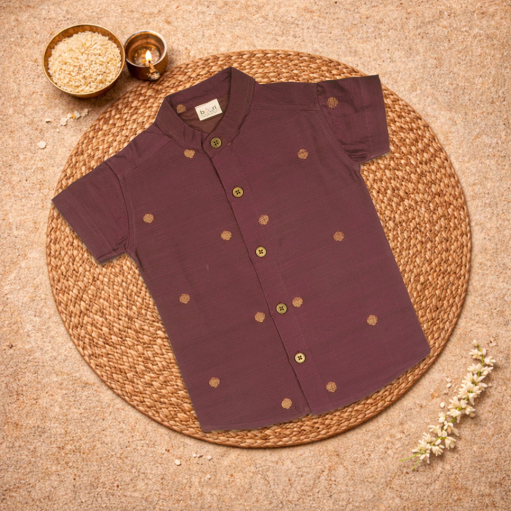Yellow raw silk festive wear shirt and dhoti set for men, traditional ethnic attire by Boon Babies.