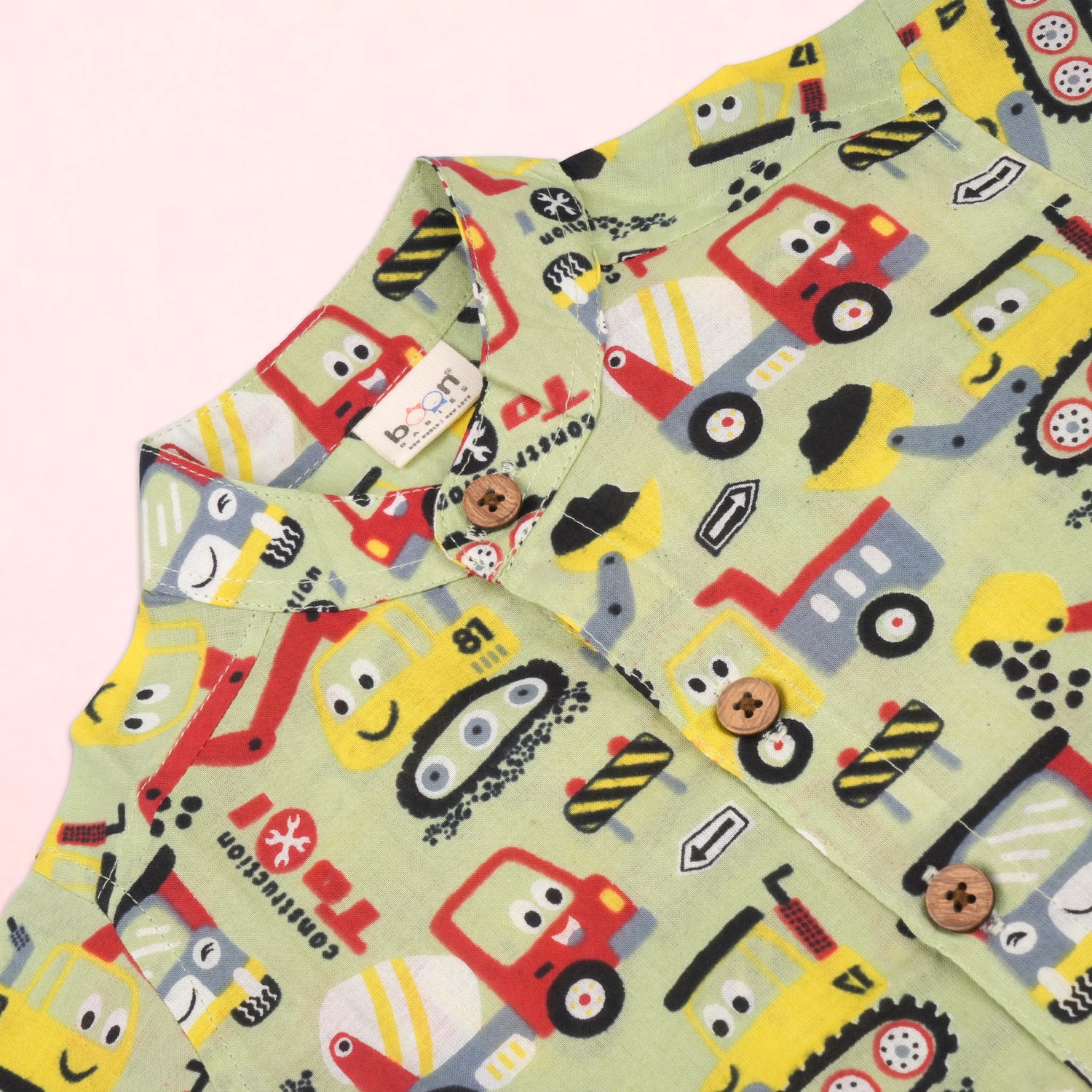 Boon Babies boys co-ord set with olive truck print, includes Chinese collar shirt and matching shorts, casual summer outfit.